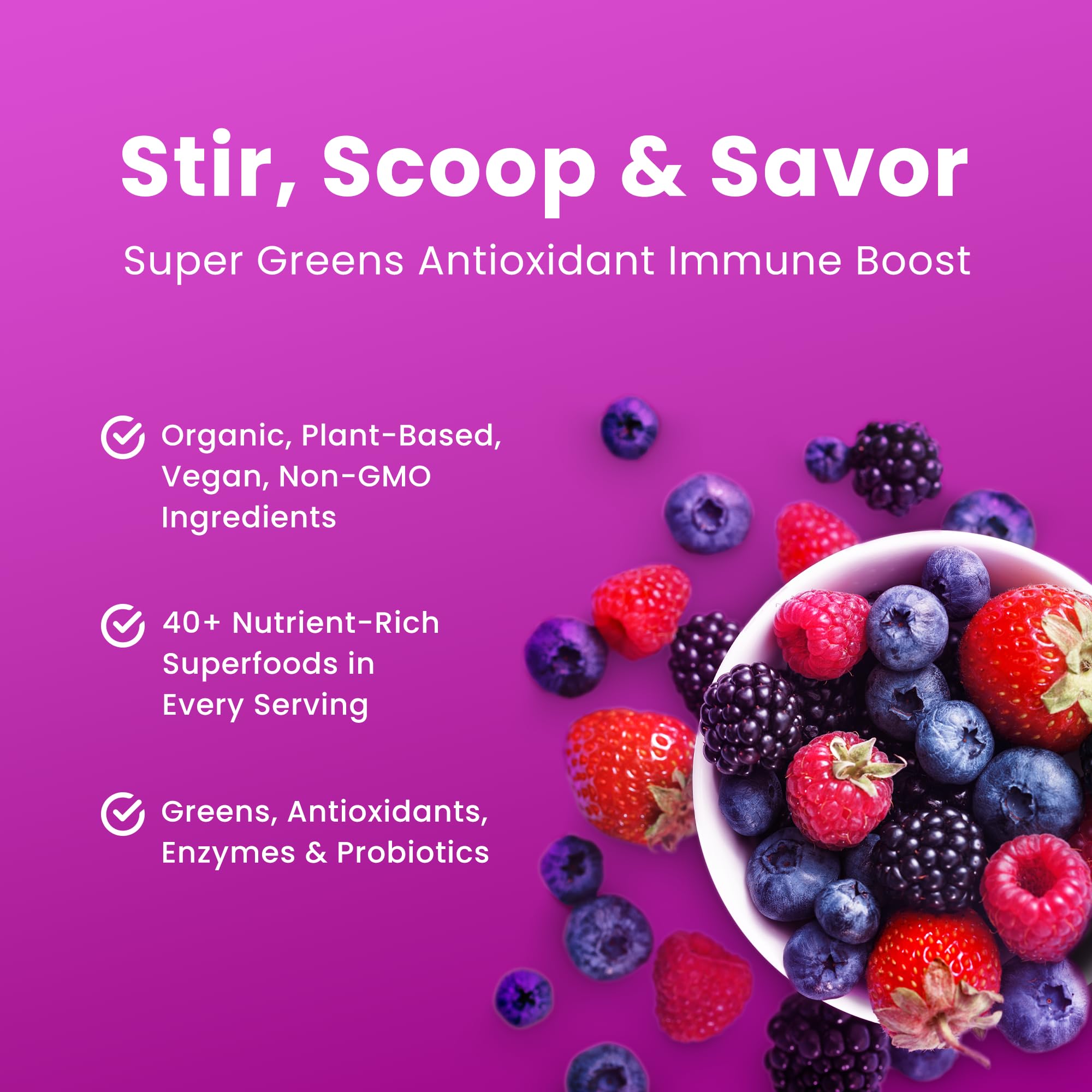 NutraChamps Super Greens ingredients label highlights organic greens and enzymes.