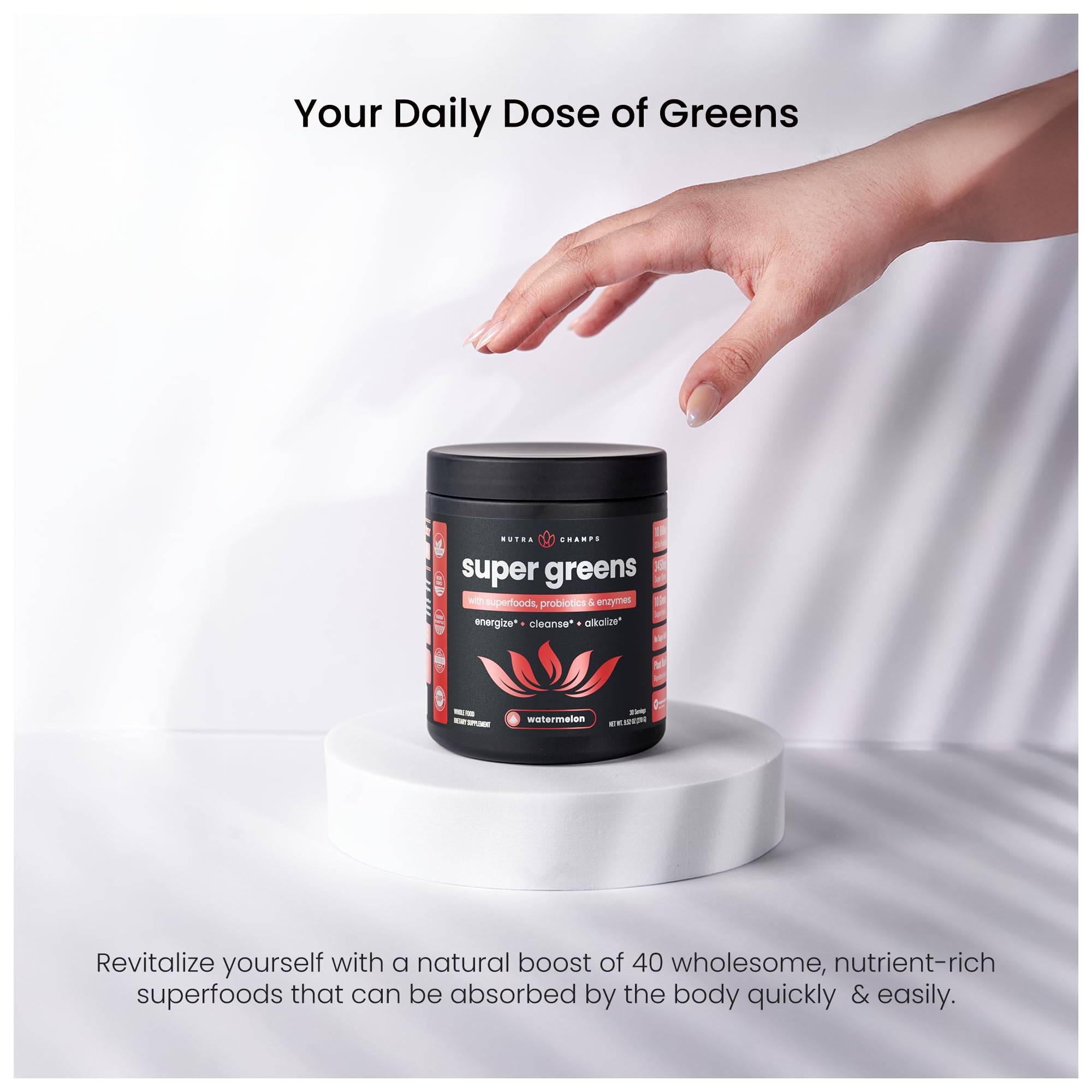 NutraChamps Super Greens powder packaging communicates trusted cGMP standards and USA-made production.