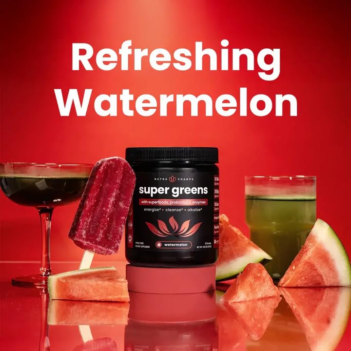 NutraChamps Super Greens powder pouring into glass highlights quick mix and antioxidant support.