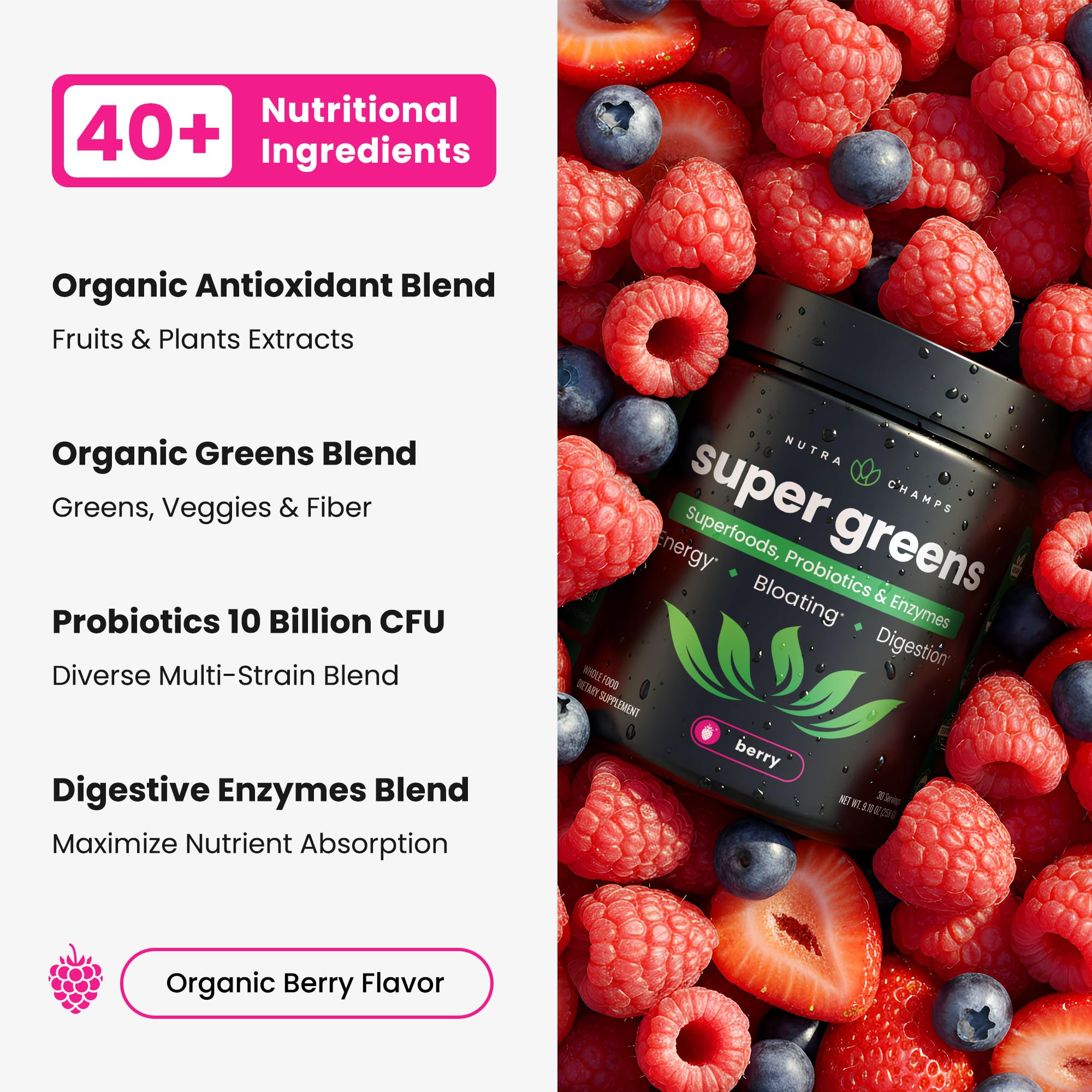 NutraChamps Super Greens powder tin label emphasizes clean, natural ingredients for easy mixing.