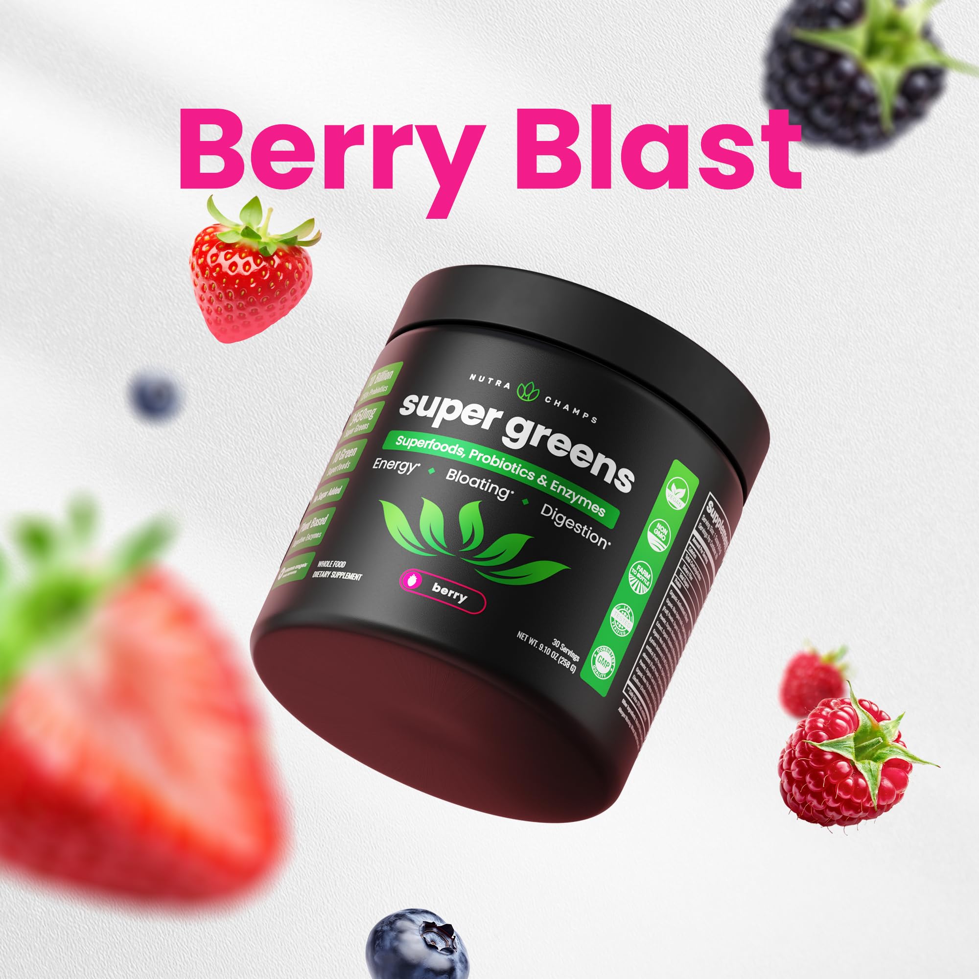 NutraChamps Super Greens scoop-dispense image suggests quick, on-the-go nourishment.