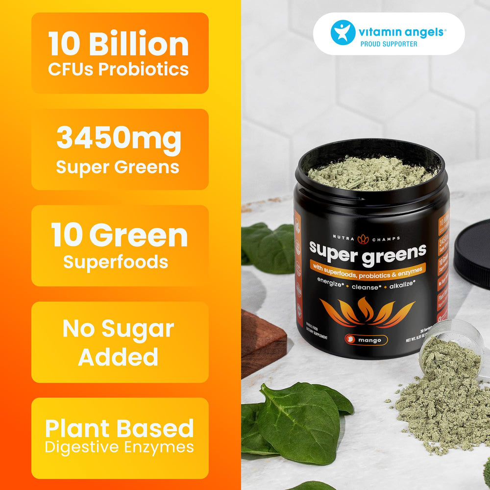 NutraChamps Super Greens spirulina-chlorella blend visual suggests nutrient-dense greens.