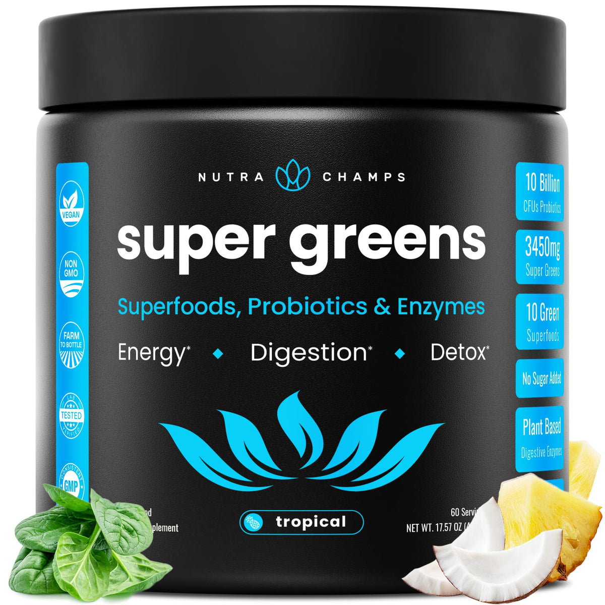 NutraChamps Super Greens Tropical bottle shown for quick daily greens ritual and energy