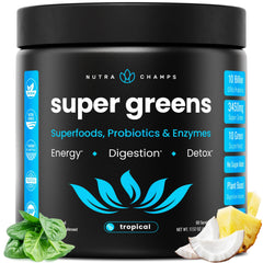 NutraChamps Super Greens Tropical bottle shown for quick daily greens ritual and energy