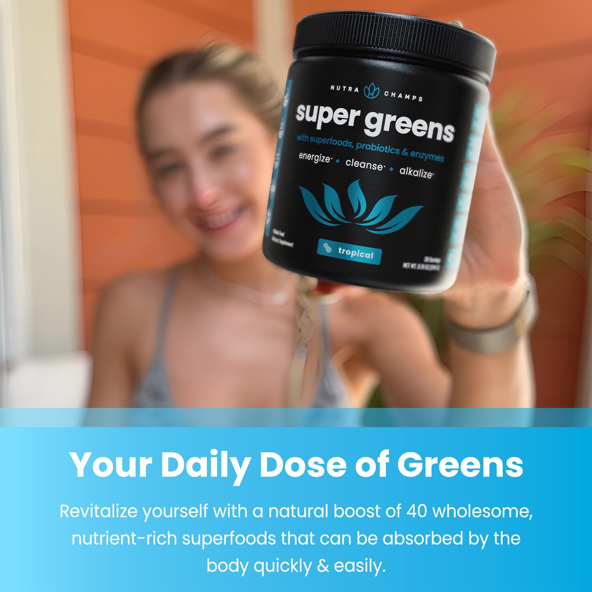 NutraChamps Super Greens Tropical scoop ready for a quick stir and tasty boost