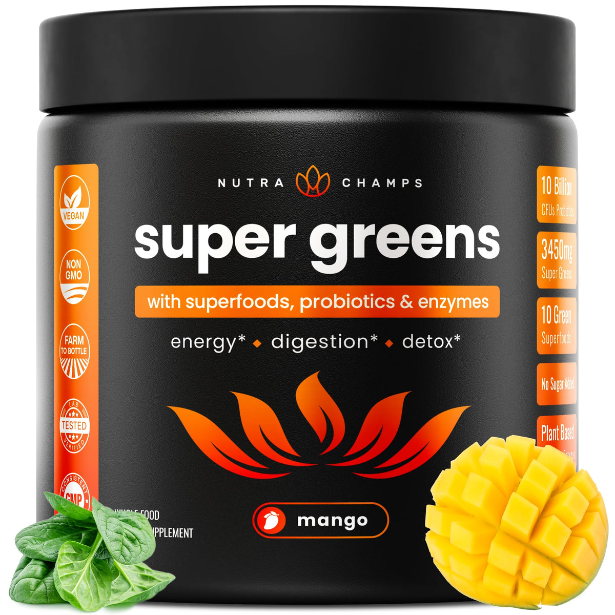 NutraChamps Super Greens tub front for convenient daily antioxidant support.