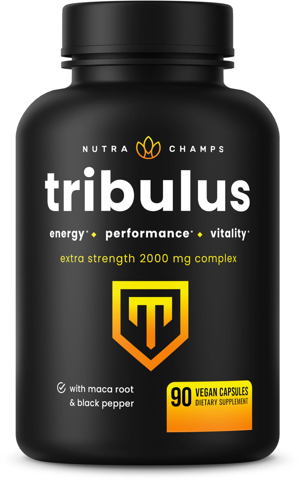 NutraChamps Tribulus Terrestris bottle shows high-strength 2000 mg formula for daily vitality.