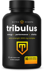 NutraChamps Tribulus Terrestris bottle shows high-strength 2000 mg formula for daily vitality.