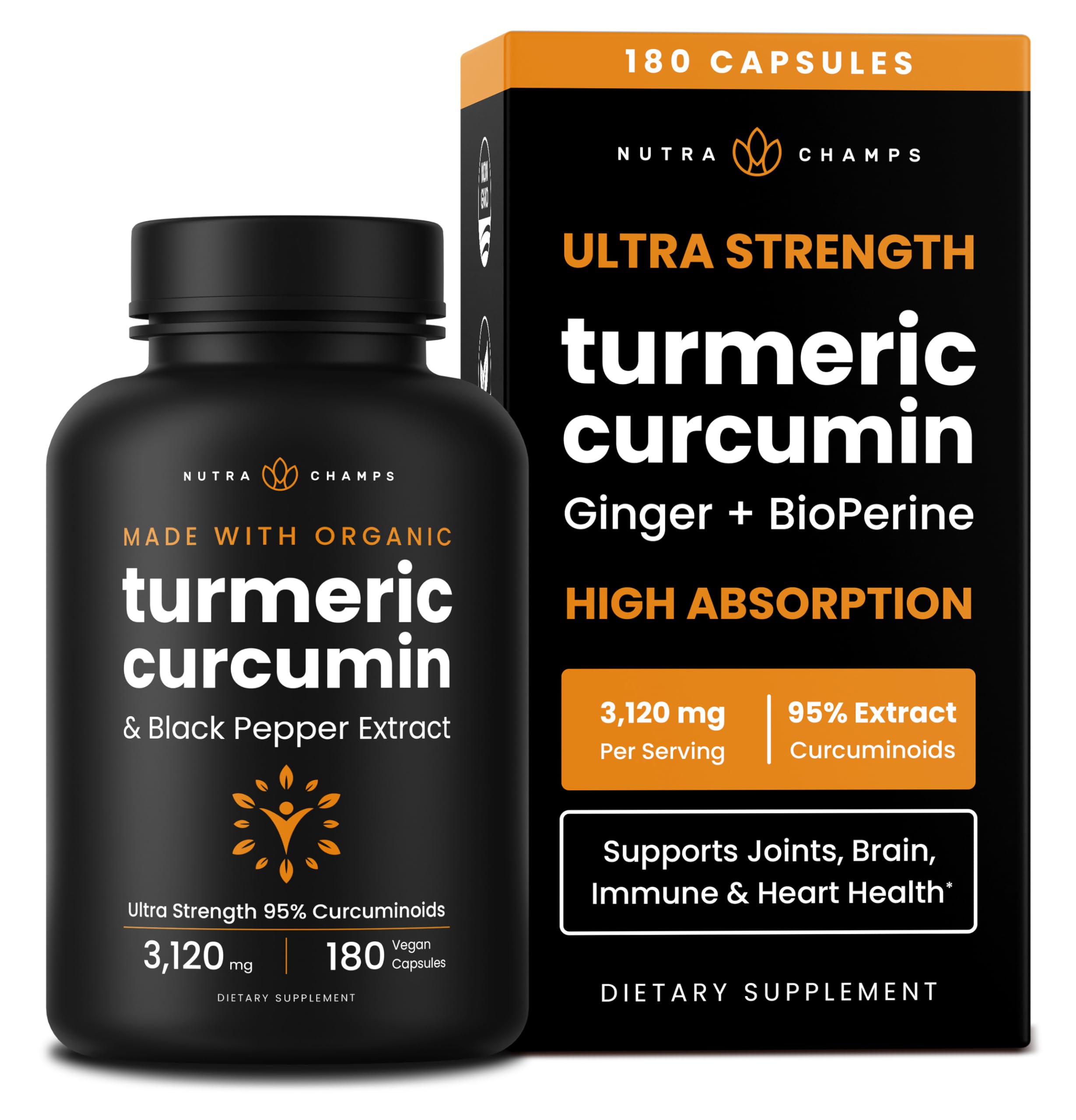 NutraChamps Turmeric Curcumin bottle with 180 capsules for daily wellness.