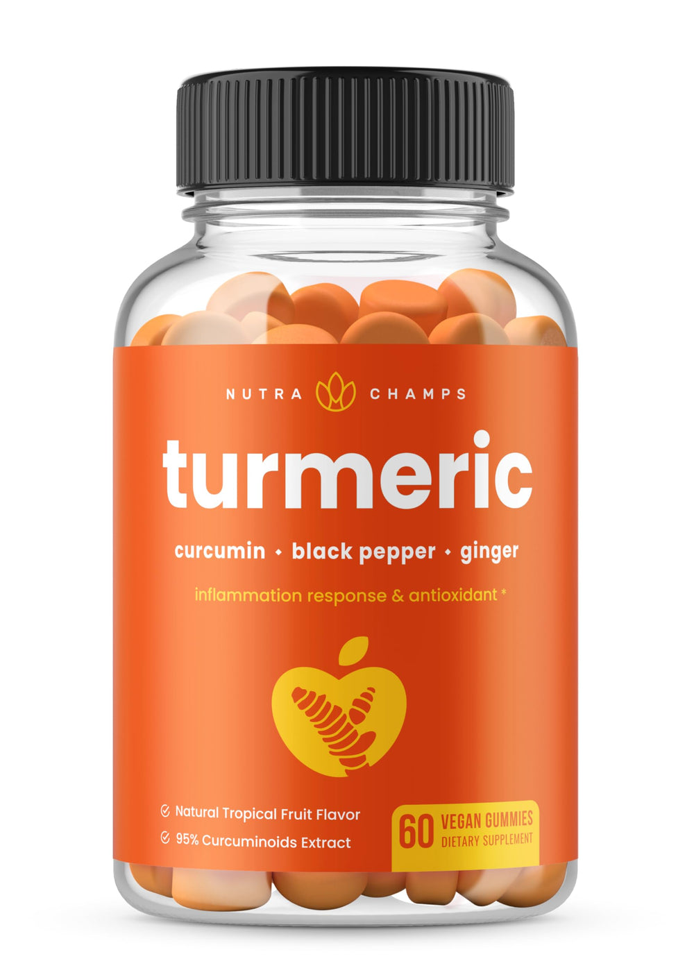NutraChamps Turmeric Gummies bottle showing vegan formula with 95% curcuminoids for everyday support.