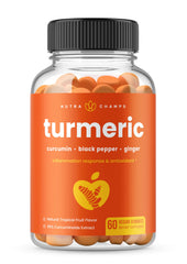 NutraChamps Turmeric Gummies bottle showing vegan formula with 95% curcuminoids for everyday support.