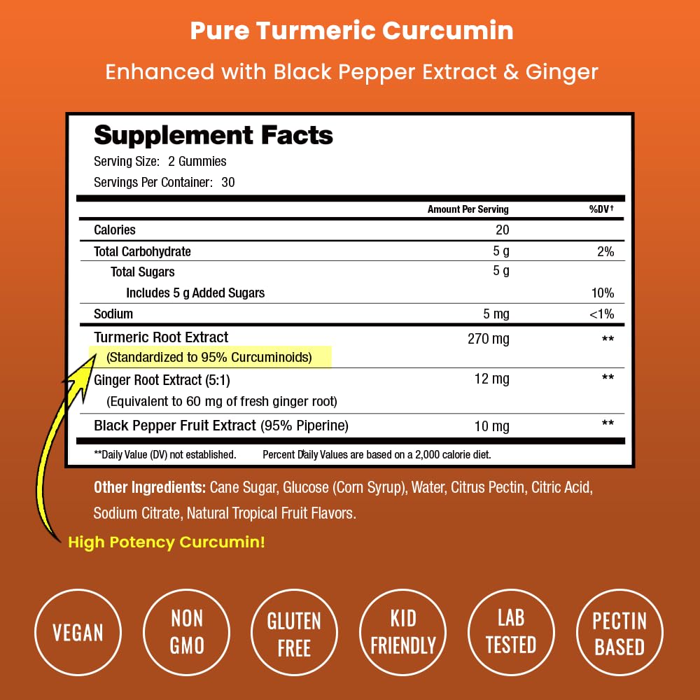 NutraChamps Turmeric Gummies close-up highlights gummy texture and tropical flavor for adults and kids.