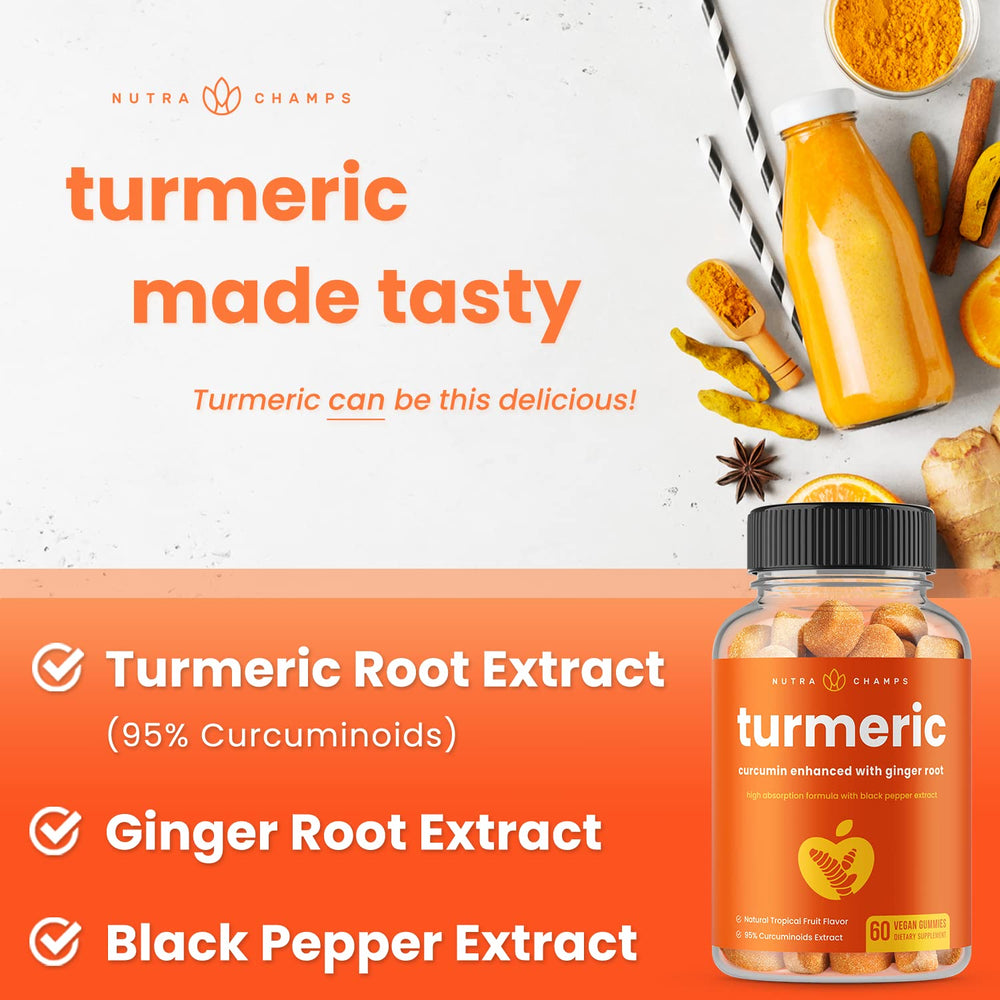 Ingredients panel of NutraChamps turmeric gummies showing 95% curcuminoids.