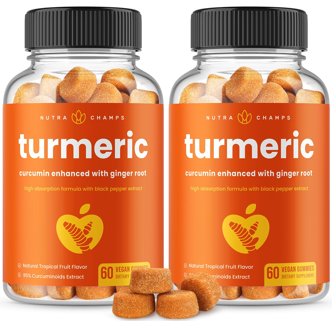 NutraChamps turmeric gummies jar highlights a 120-count bottle for daily wellbeing.