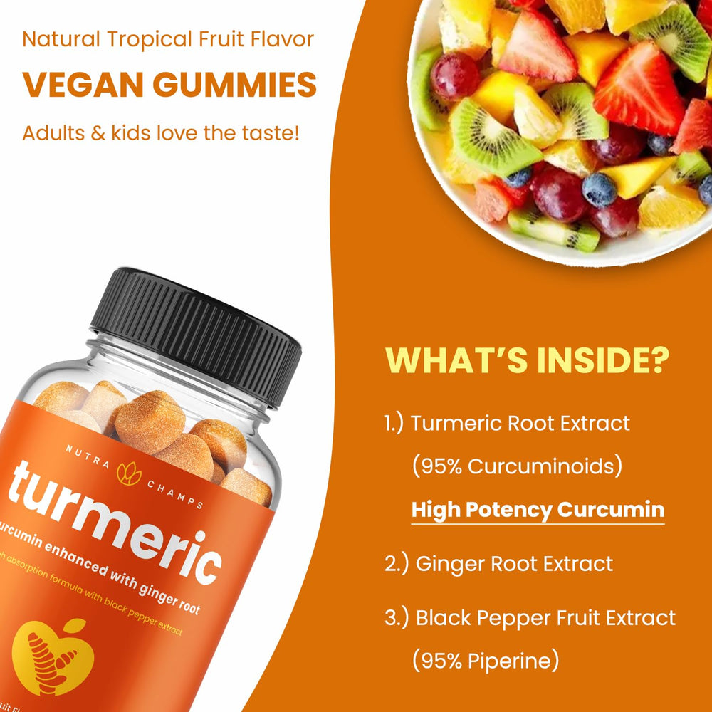 Front packaging of NutraChamps turmeric gummies emphasizing plant-based formula.
