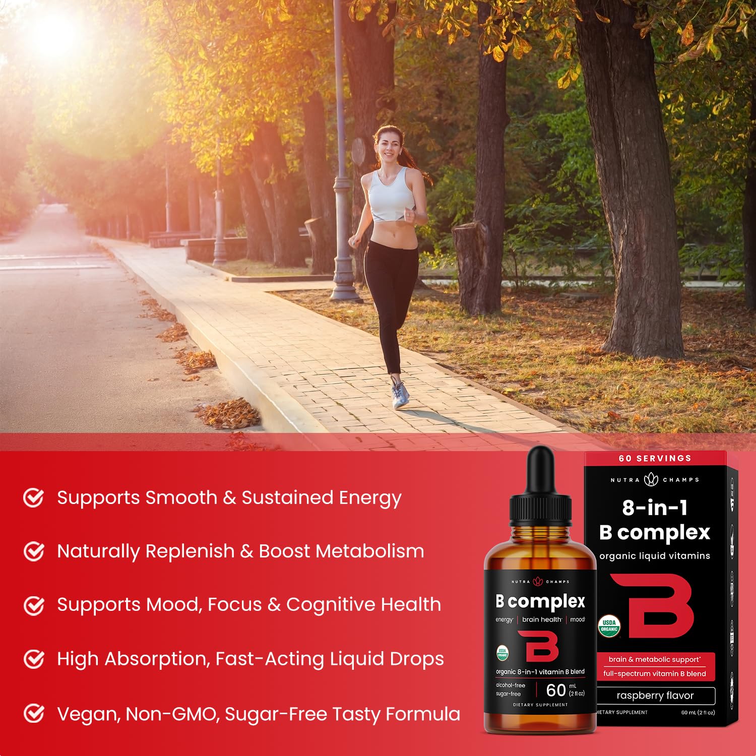 NutraChamps USDA Organic B Complex drops berry flavor for tasty daily intake.