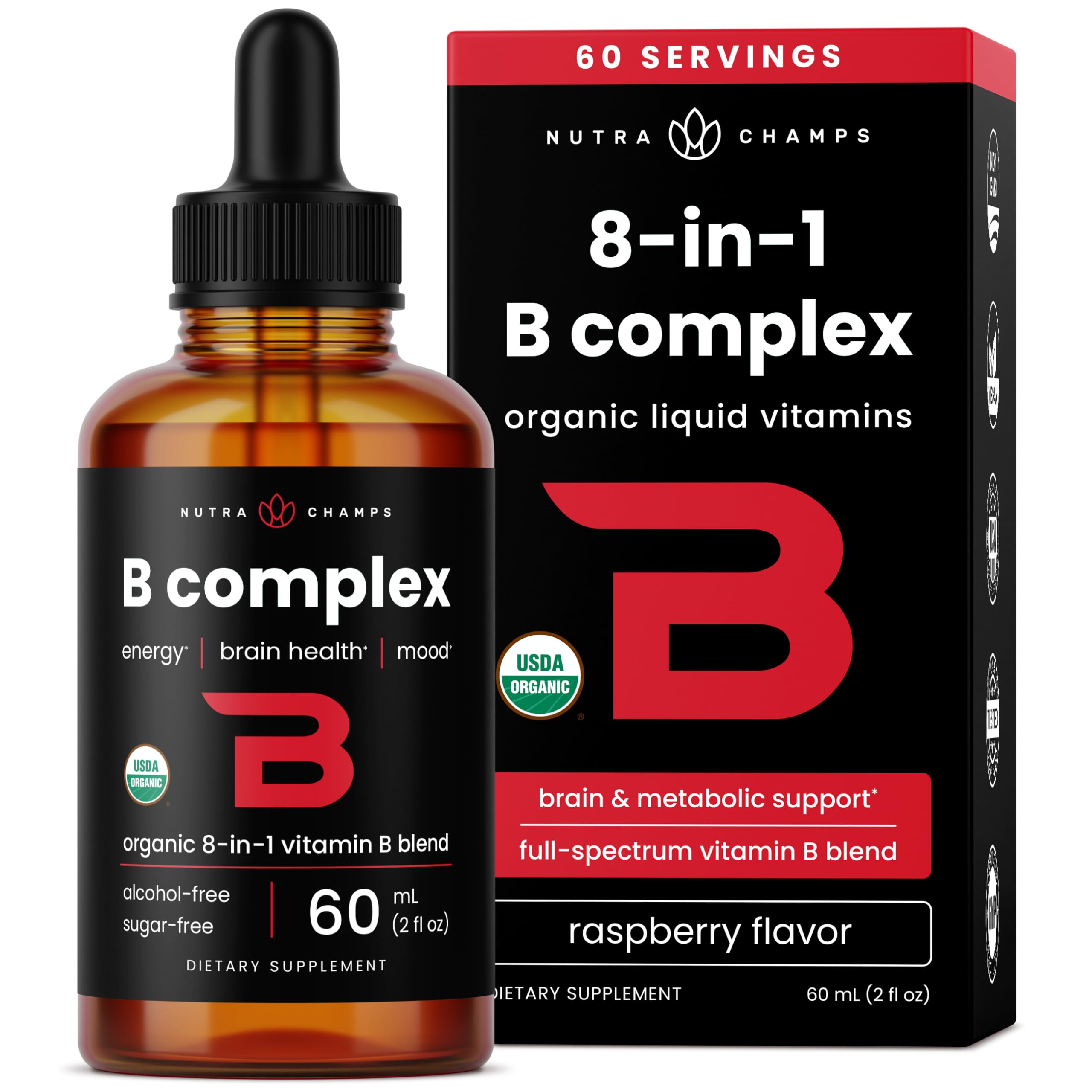 NutraChamps B Complex liquid drops bottle pour for easy daily energy support.