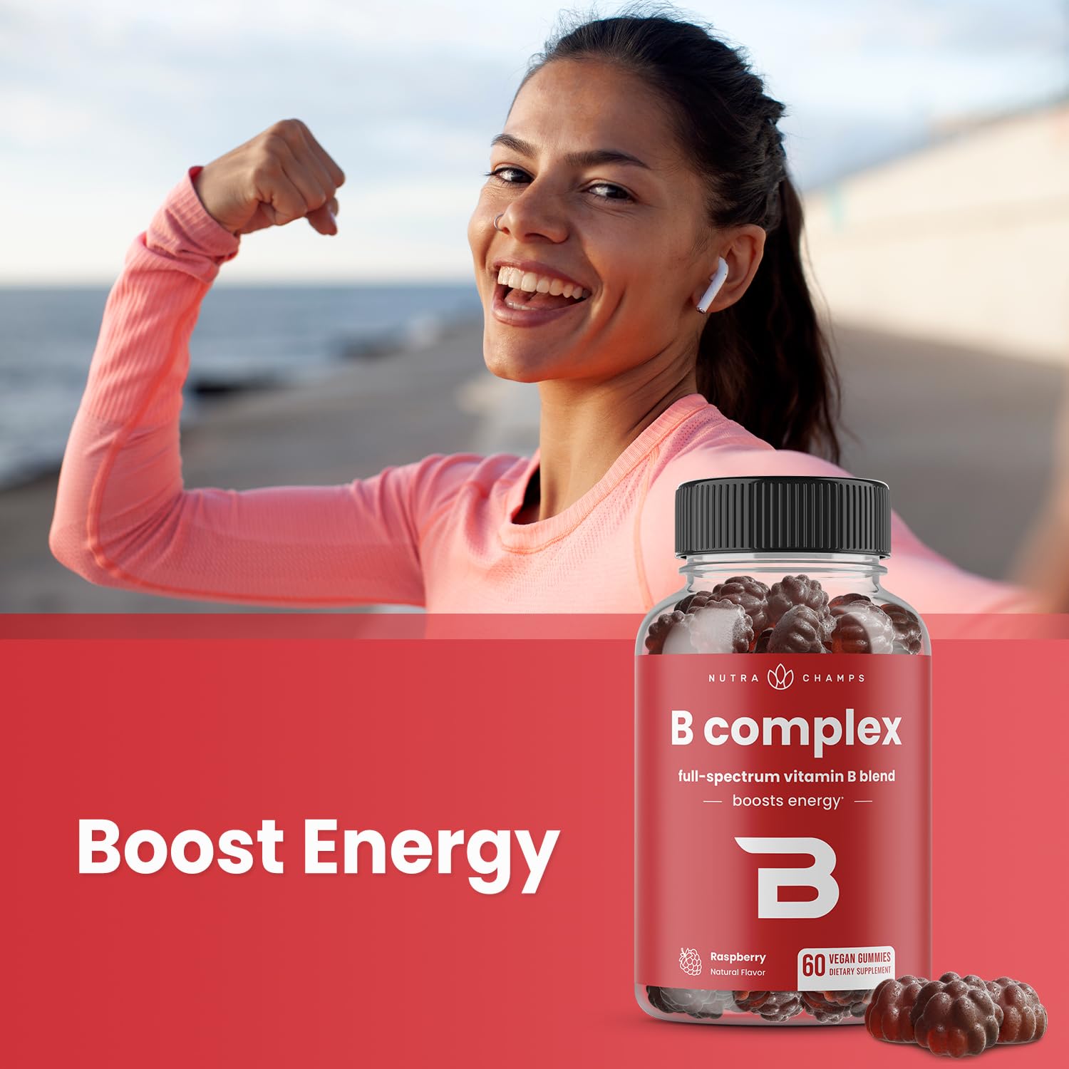 NutraChamps Vitamin B Complex Gummies raspberry flavor close-up highlighting tasty daily boost.