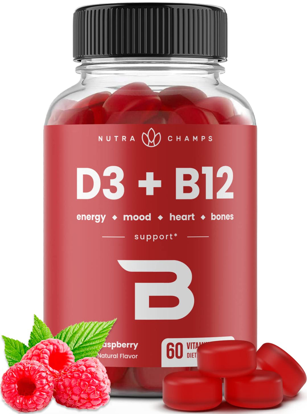 NutraChamps Vitamin D3 and B12 gummies bottle front promote daily energy support