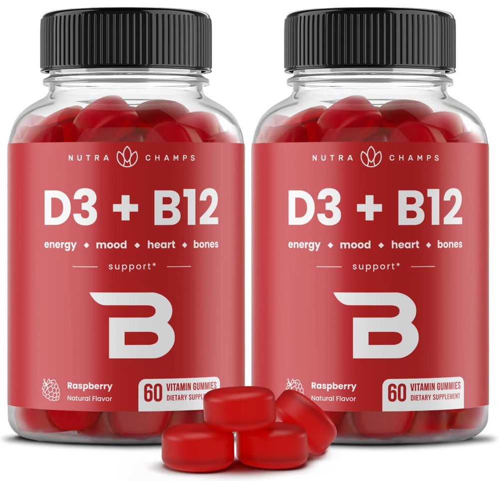 NutraChamps Vitamin D3 & B12 gummies bottle with raspberry flavor for daily wellness