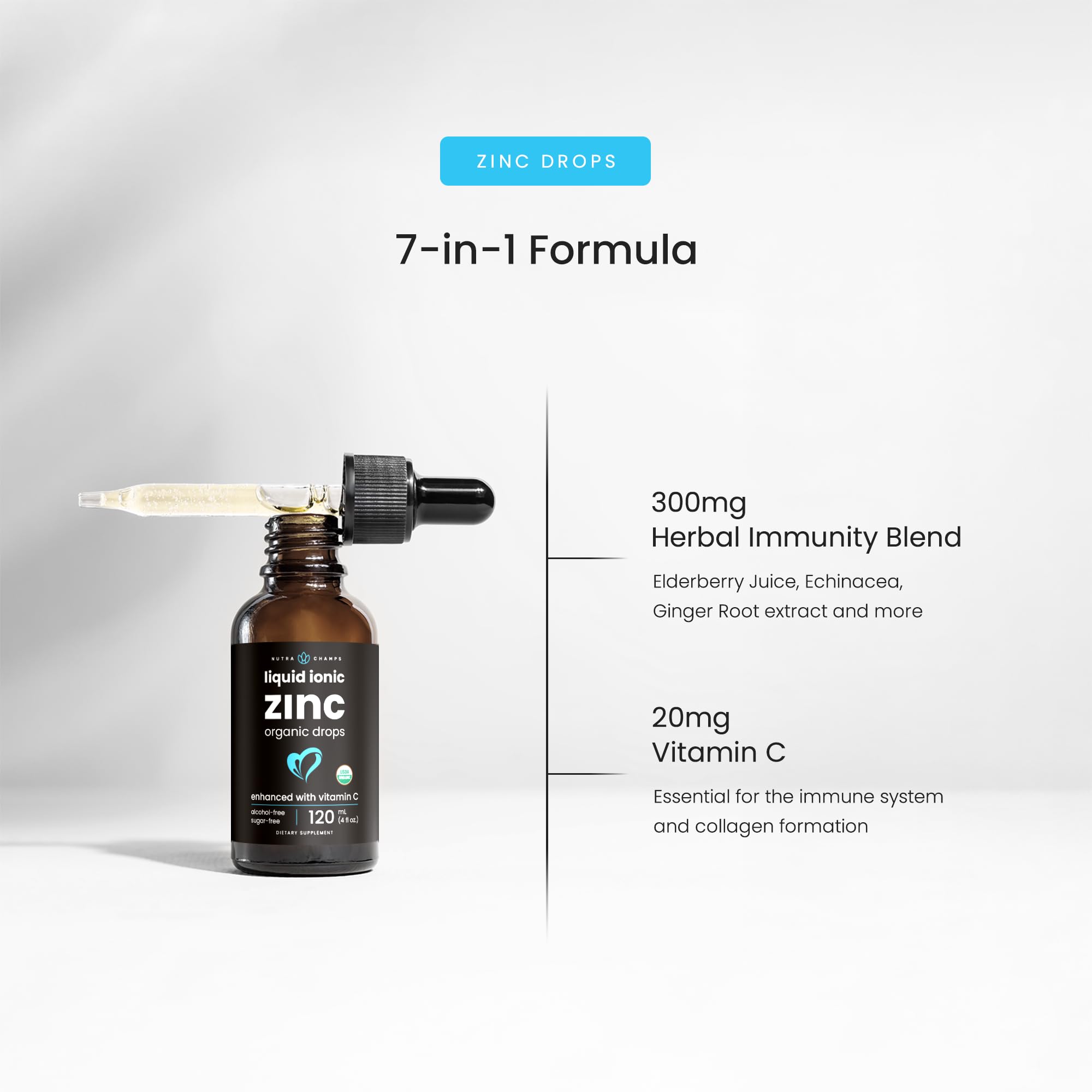 NutraChamps zinc drops bottle with dropper ready for quick dosing.