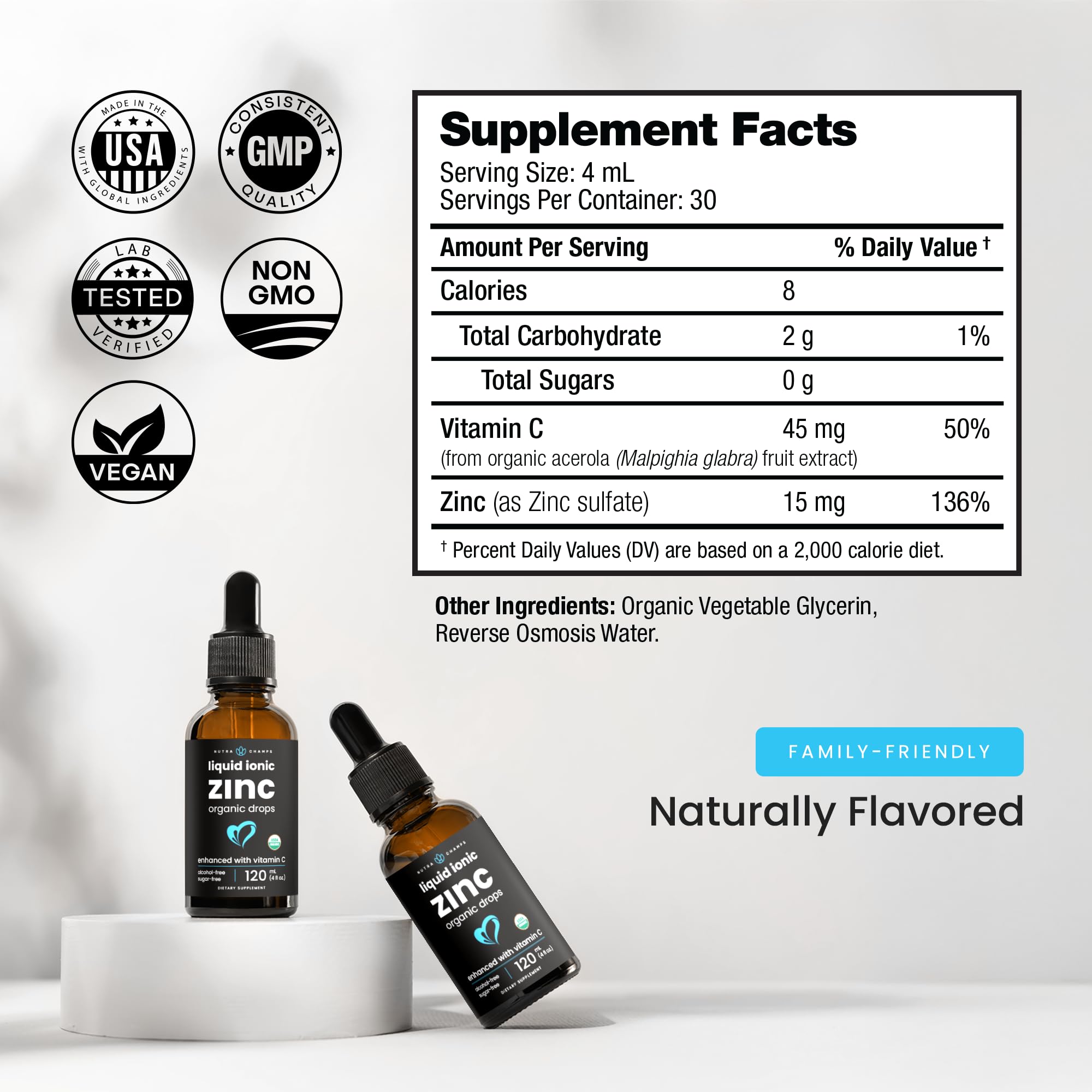 NutraChamps zinc drops easy dosing bottle designed for family use.