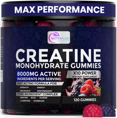 Nutraflus Creatine Monohydrate Gummies bottle shows convenient berry flavor for workouts.