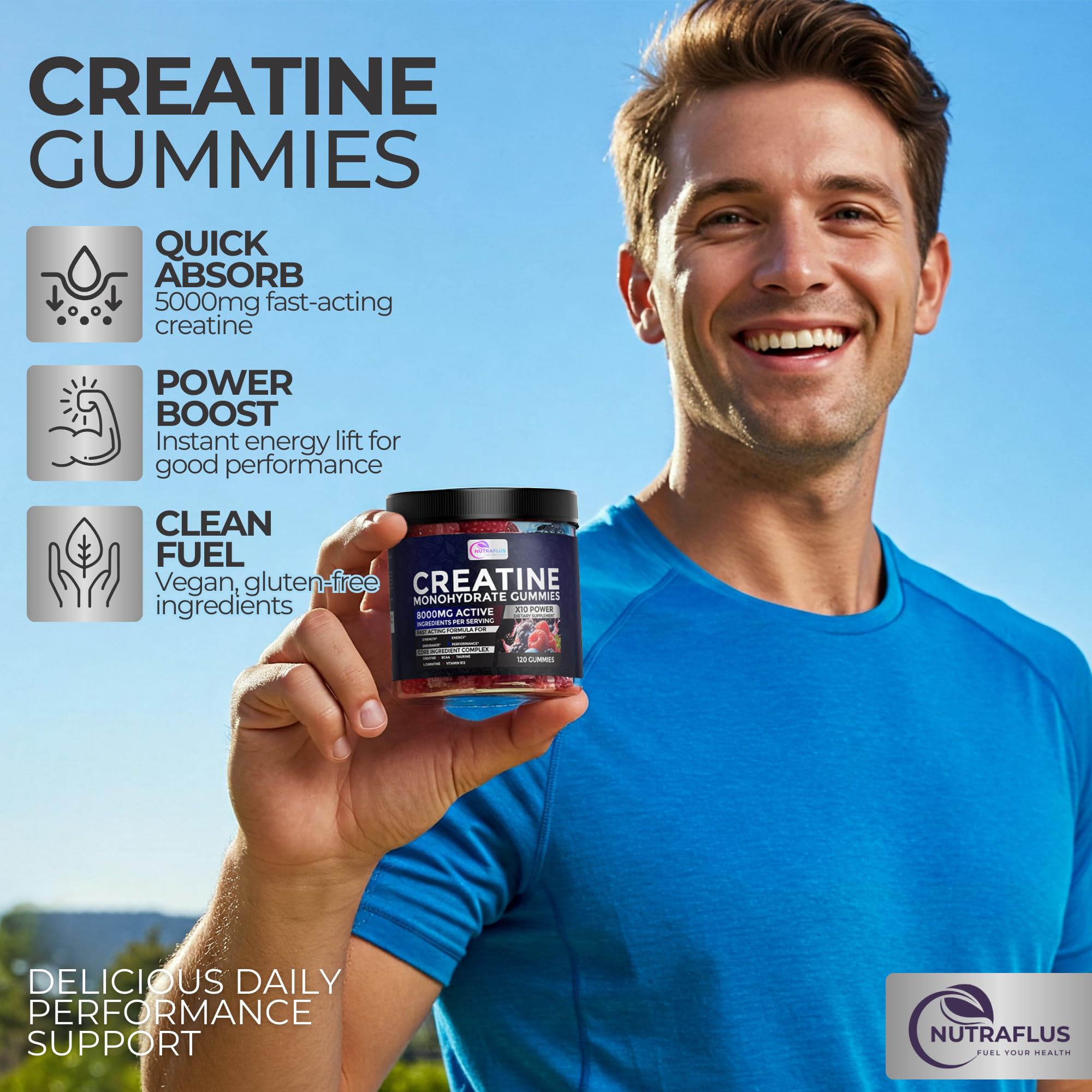 Nutraflus Creatine Monohydrate Gummies close-up highlights chewy texture for easy dosing.