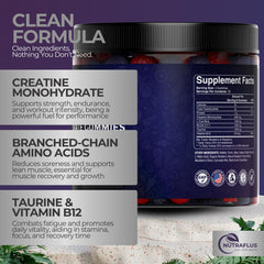 Nutraflus Creatine Monohydrate Gummies ingredients label featuring BCAA and B12 benefits.