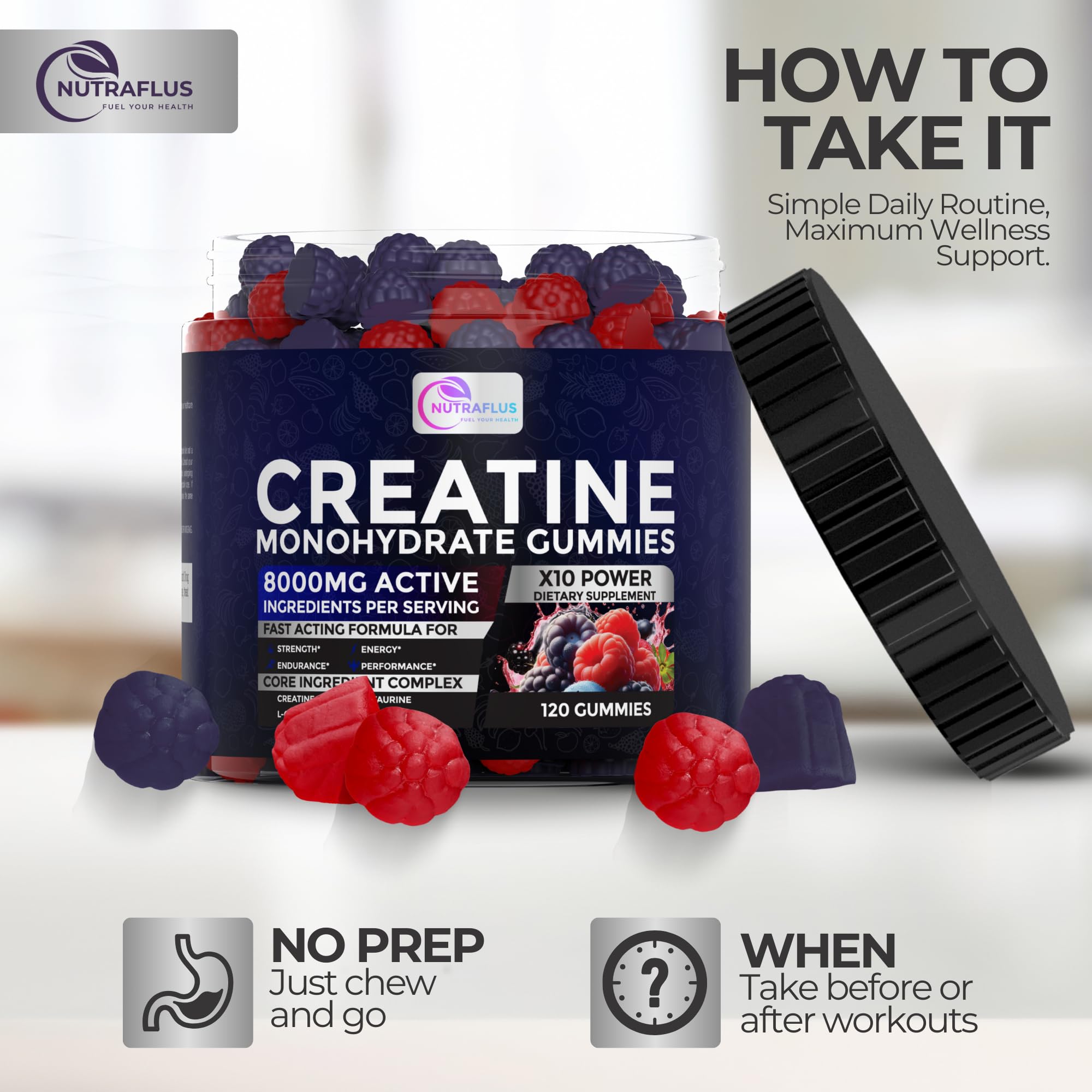 Nutraflus Creatine Monohydrate Gummies on desk ready for daily routine.