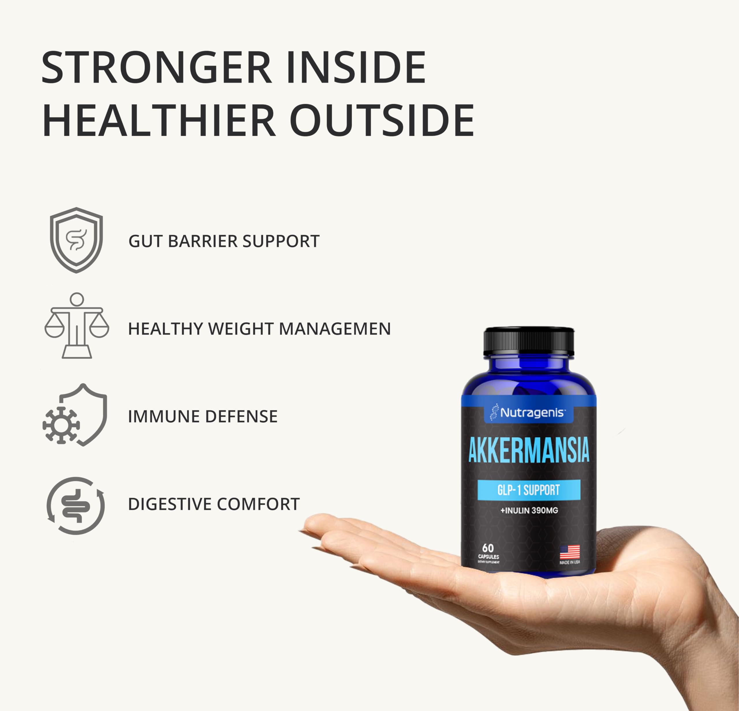 Nutragenis Akkermansia Muciniphila capsules close-up for easy daily probiotic use.
