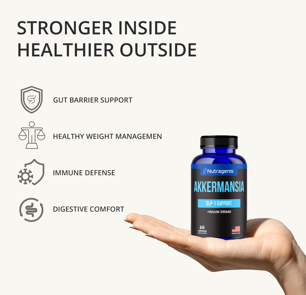 Nutragenis Akkermansia Muciniphila capsules close-up for easy daily probiotic use.