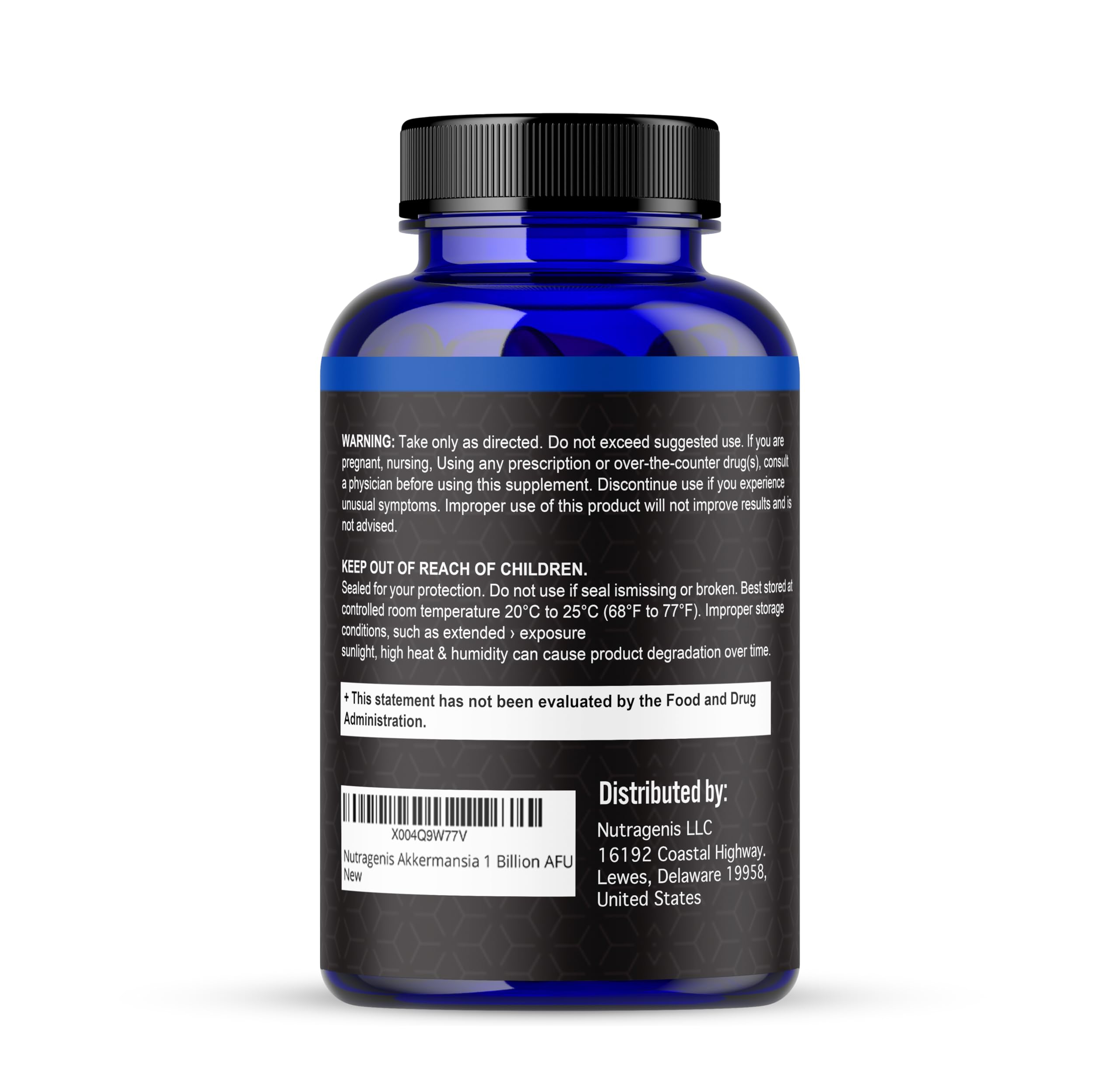 Nutragenis Akkermansia Muciniphila tabletop display suggests easy integration into daily wellness.