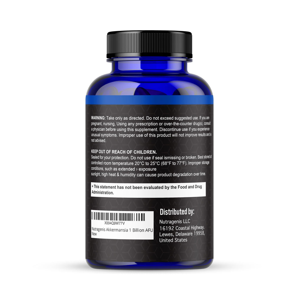 Nutragenis Akkermansia Muciniphila tabletop display suggests easy integration into daily wellness.