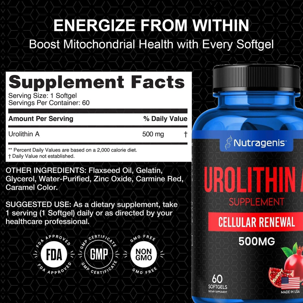 Ingredient-science graphic highlighting mitochondria support from Nutragenis Urolithin A.