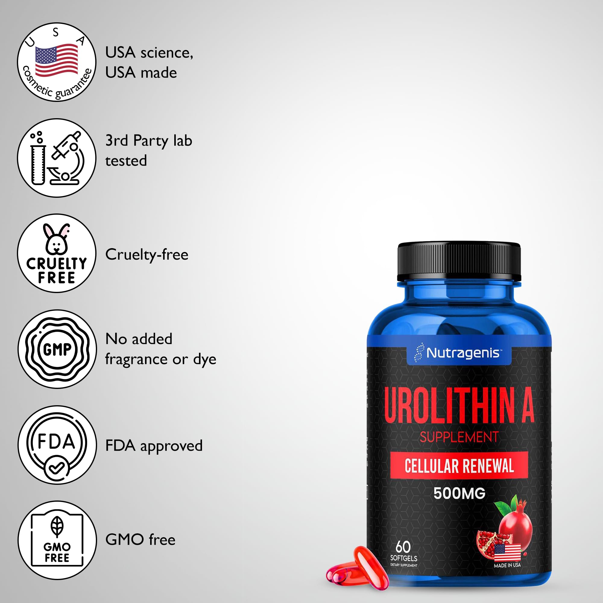 Packaging open view with Nutragenis Urolithin A softgels ready for daily use.