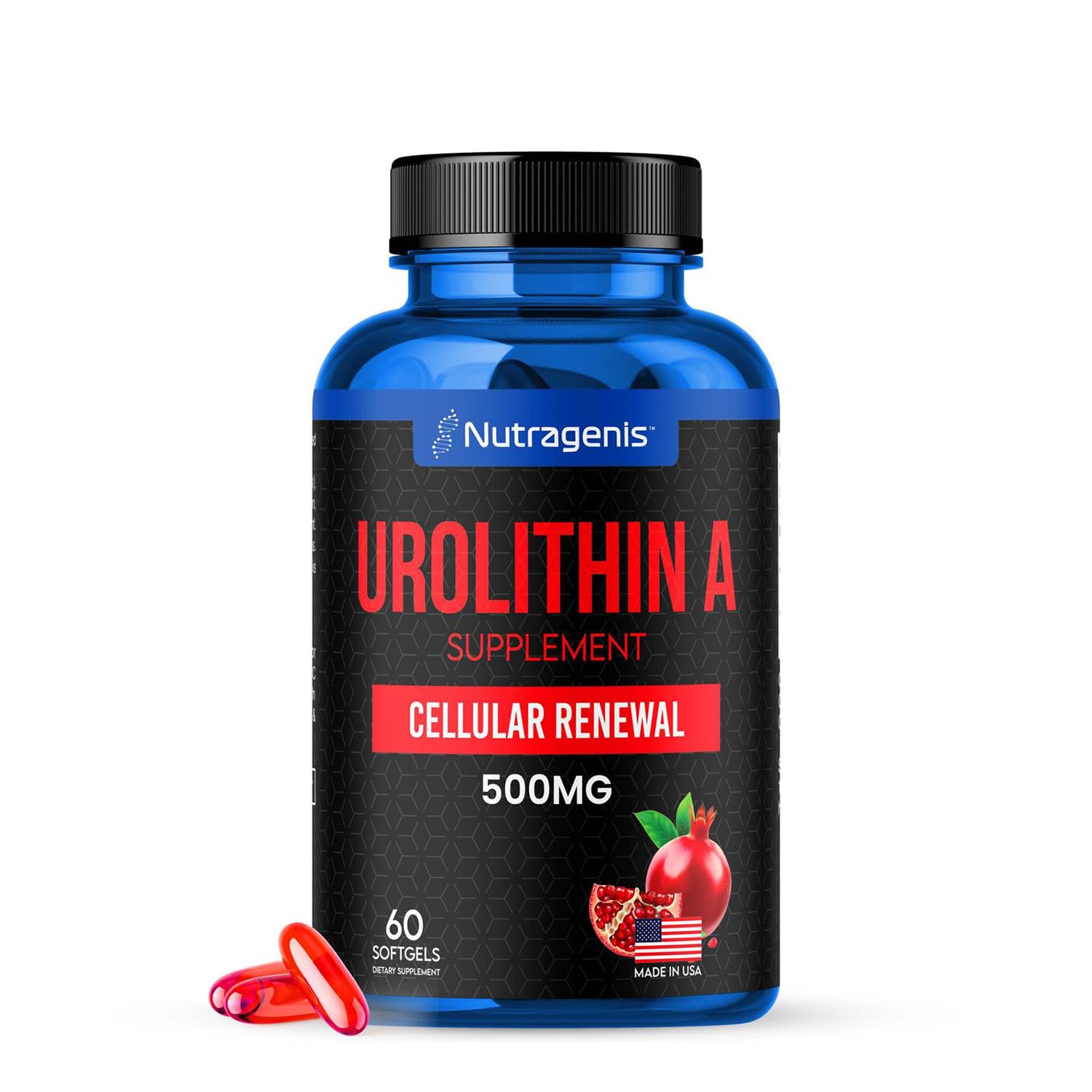 Nutragenis Urolithin A softgel bottle for convenient mitochondrial support and daily vitality.