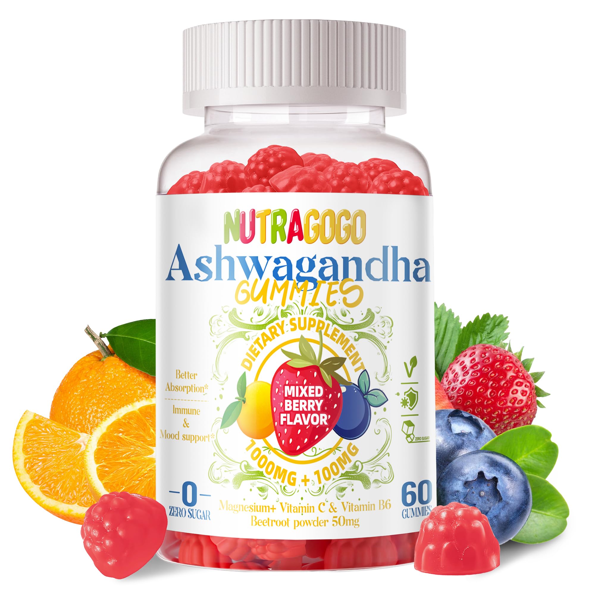 NUTRAGOGO Ashwagandha gummies bottle front with mixed berry flavor