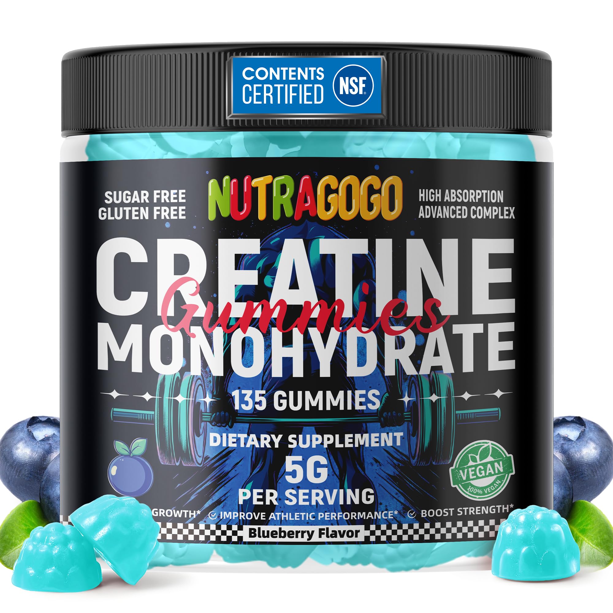 NUTRAGOGO Creatine Monohydrate Gummies Blueberry Bottle for vegan, sugar-free on-the-go workouts.