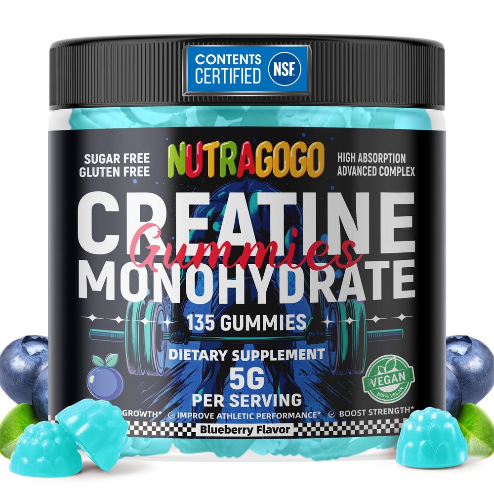 NUTRAGOGO Creatine Monohydrate Gummies Blueberry Bottle for vegan, sugar-free on-the-go workouts.