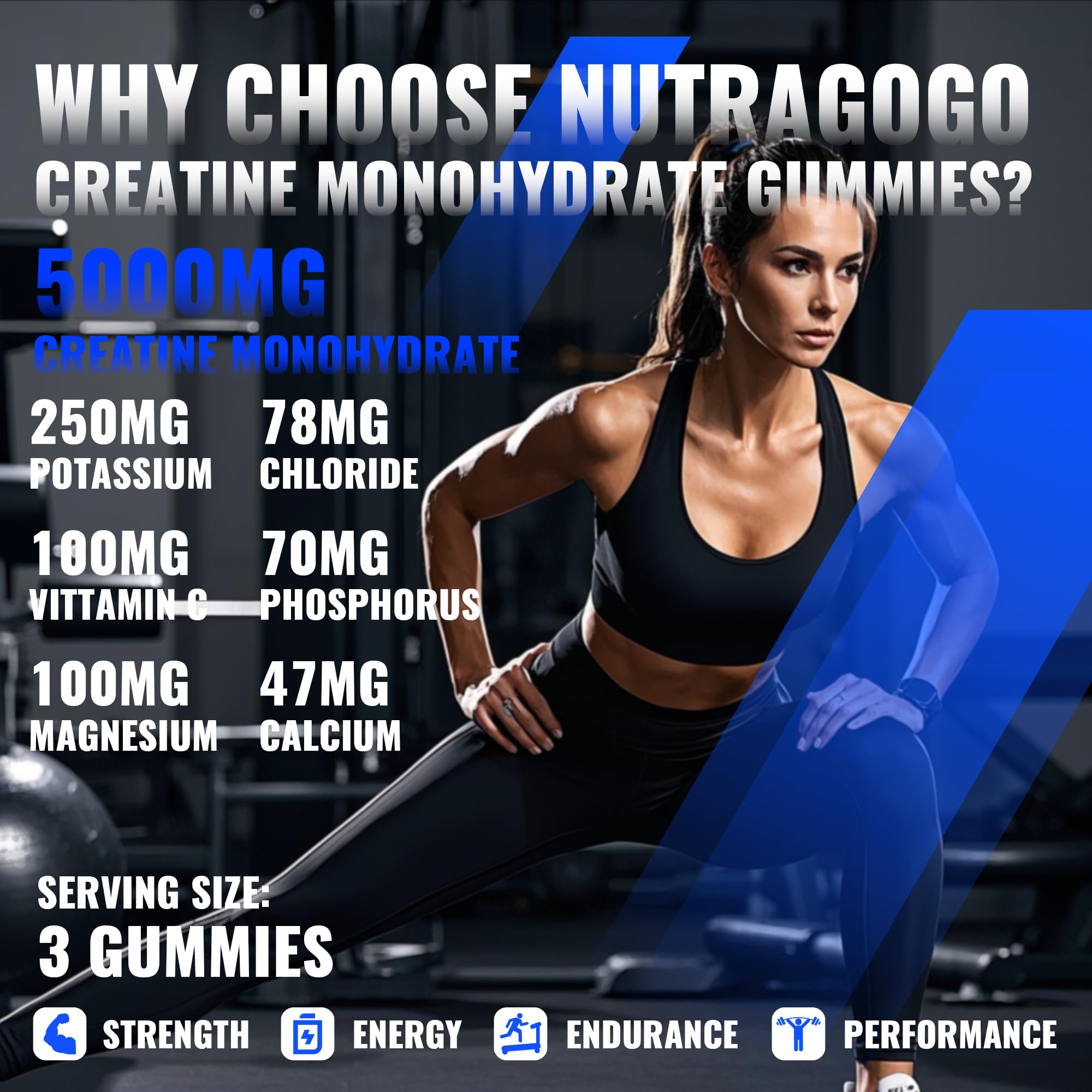 NUTRAGOGO Creatine Monohydrate Gummies Blueberry Chews Closeup shows chewy texture for daily gym sessions.