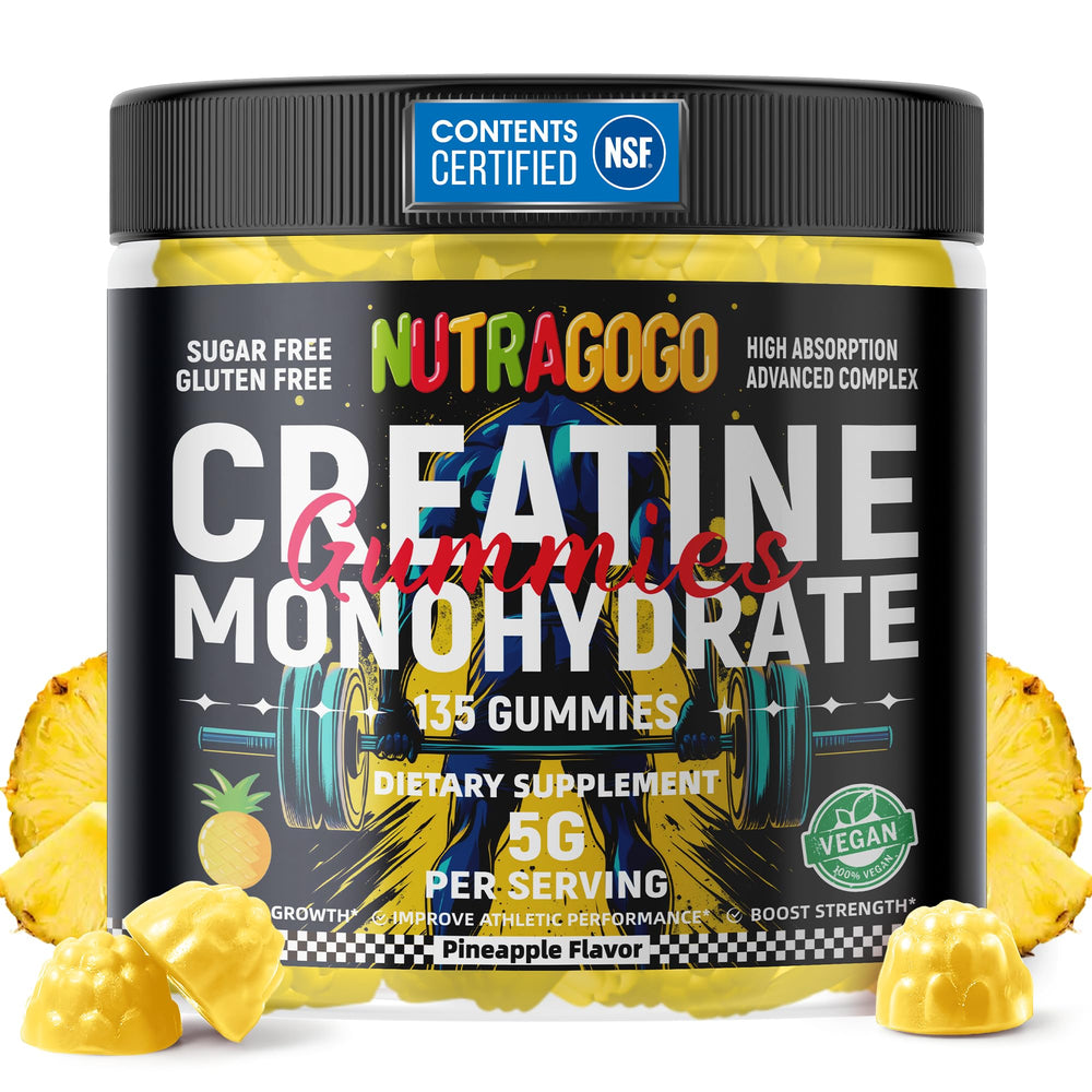 NUTRAGOGO Creatine Monohydrate Gummies bottle with pineapple flavor for on-the-go energy support.
