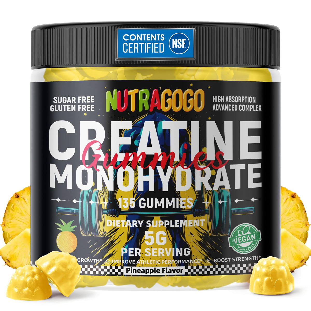 NUTRAGOGO Creatine Monohydrate Gummies bottle with pineapple flavor for on-the-go energy support.
