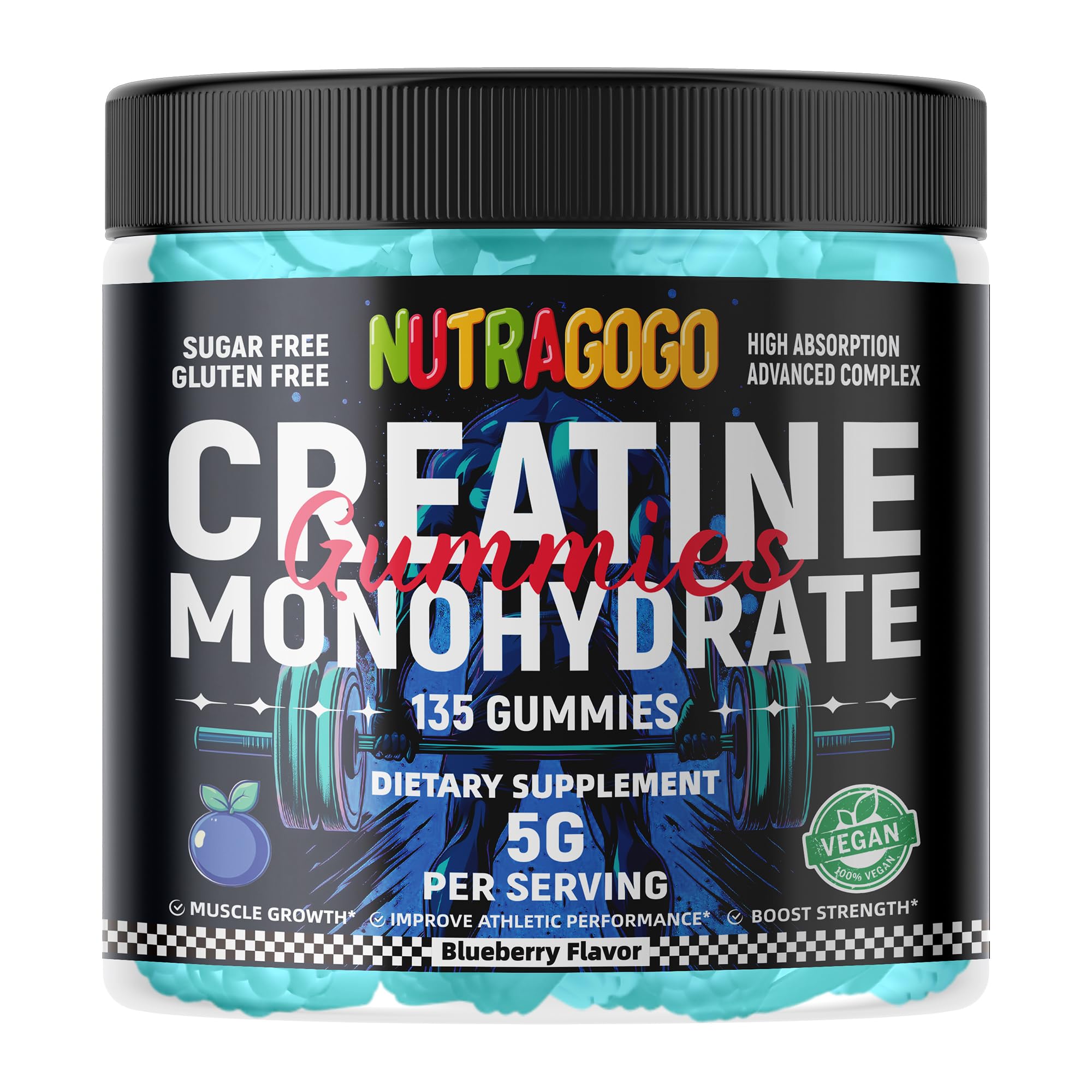NUTRAGOGO Creatine Monohydrate Gummies Bottle Top Closeup showing cap and gummies.