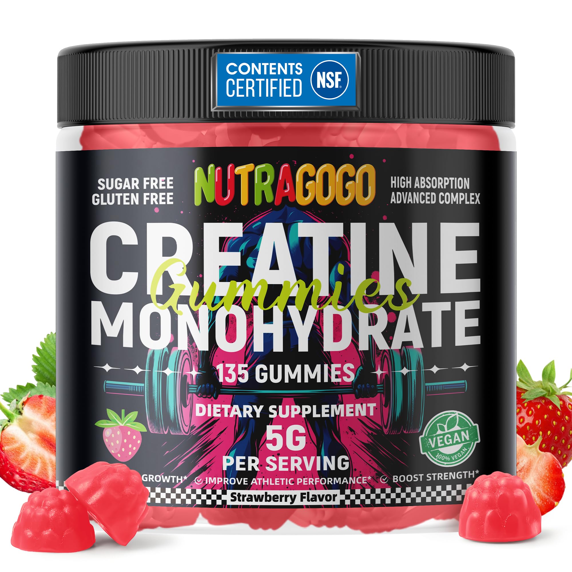 NUTRAGOGO Creatine Monohydrate Gummies bottle on table for daily energy support