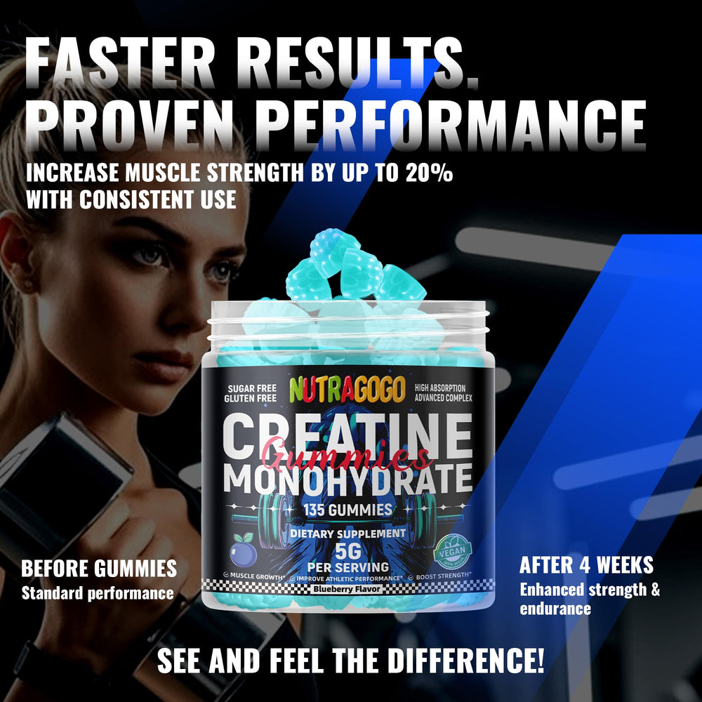 NUTRAGOGO Creatine Monohydrate Gummies Gluten-Free badge on label.
