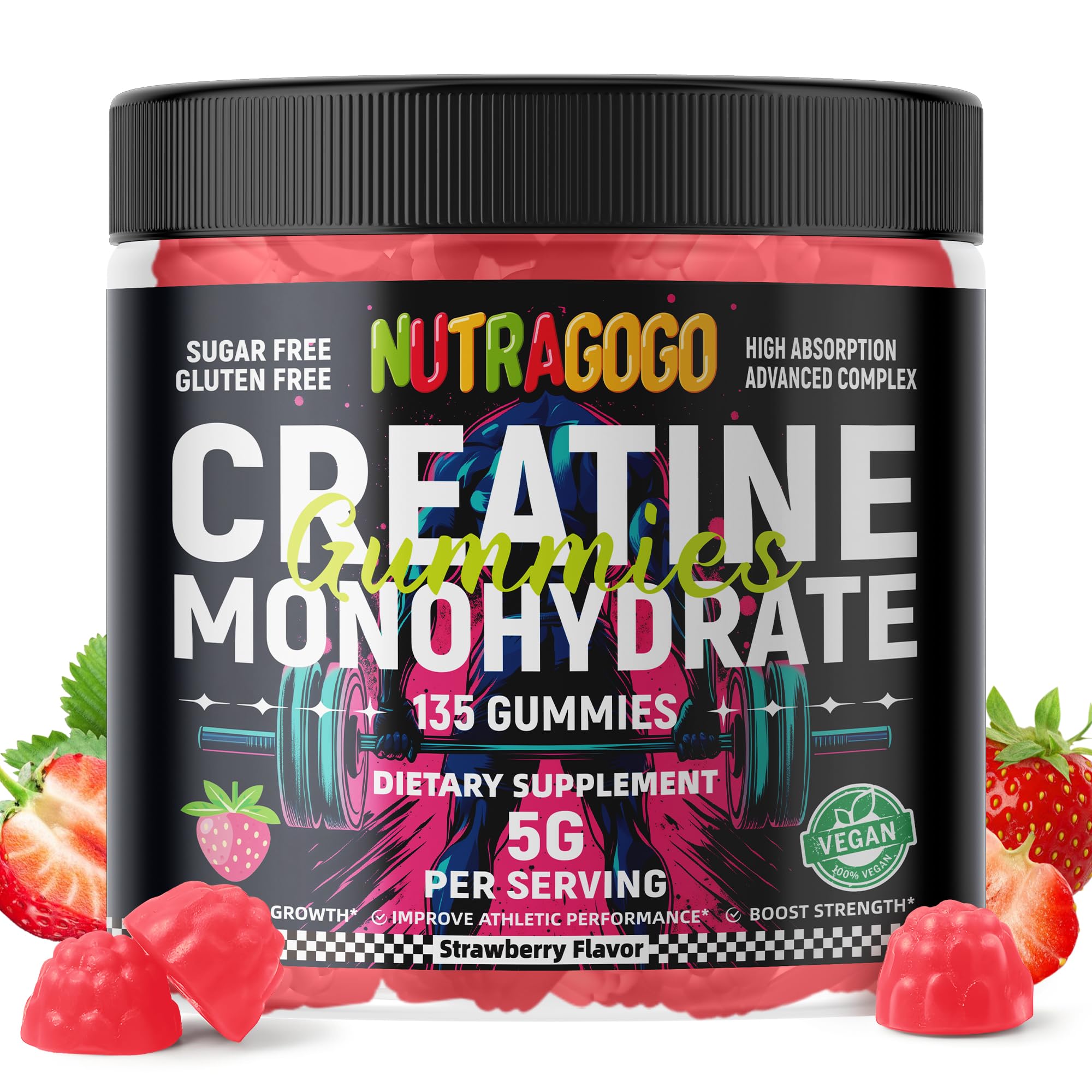 NUTRAGOGO 135 count bottle close-up showcasing vegan and gluten-free benefits