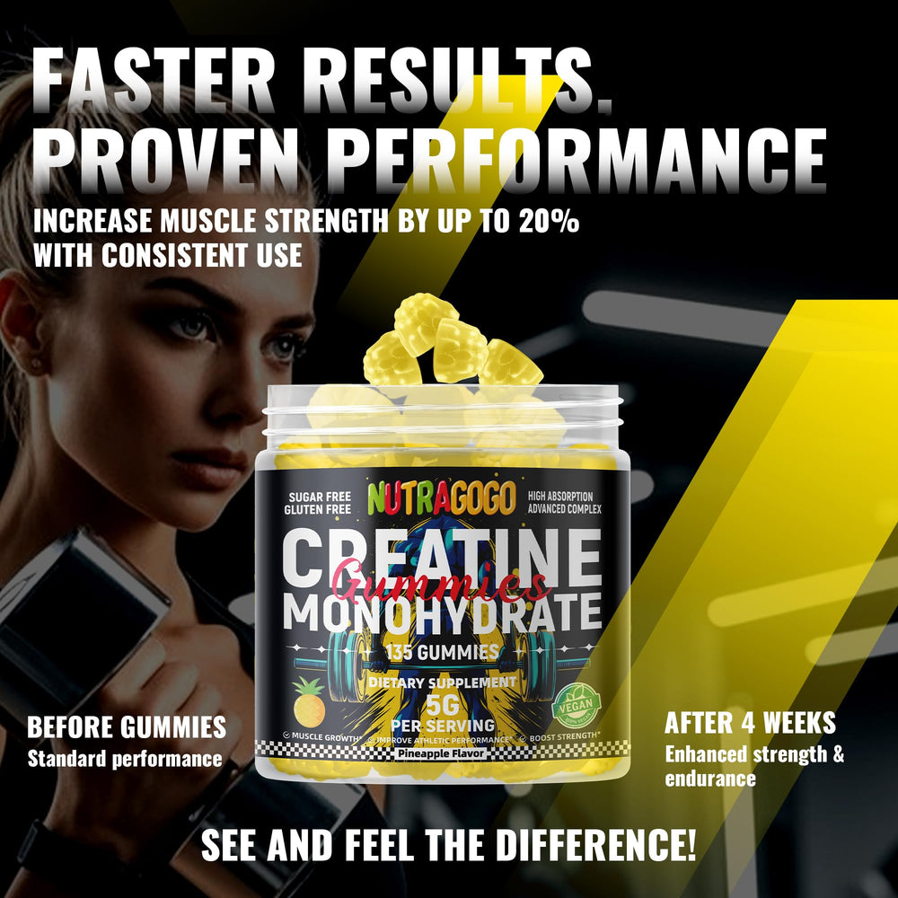 NUTRAGOGO Creatine Monohydrate Gummies product shot with 135-count bottle.