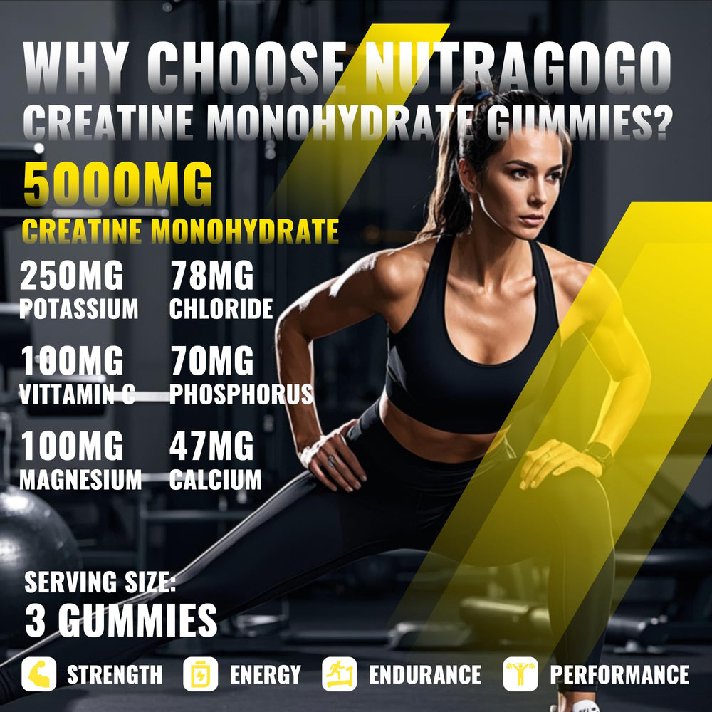 NUTRAGOGO Creatine Monohydrate Gummies serving 3 pieces shown for easy dosing.