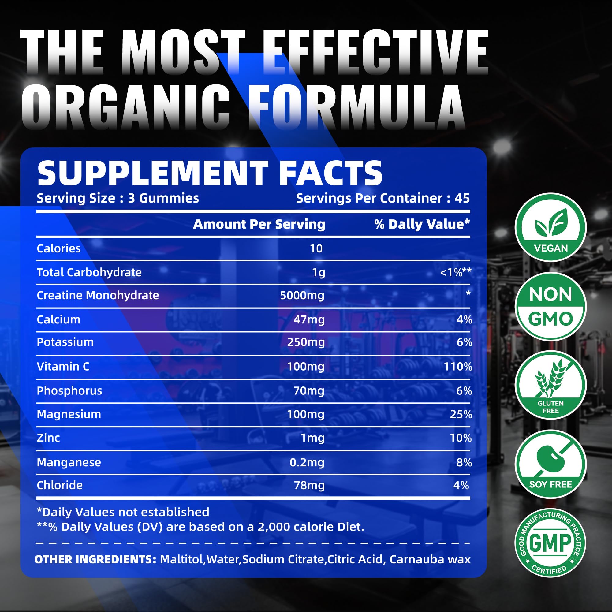 NUTRAGOGO Creatine Monohydrate Gummies Serving Three highlights three gummies per serving.